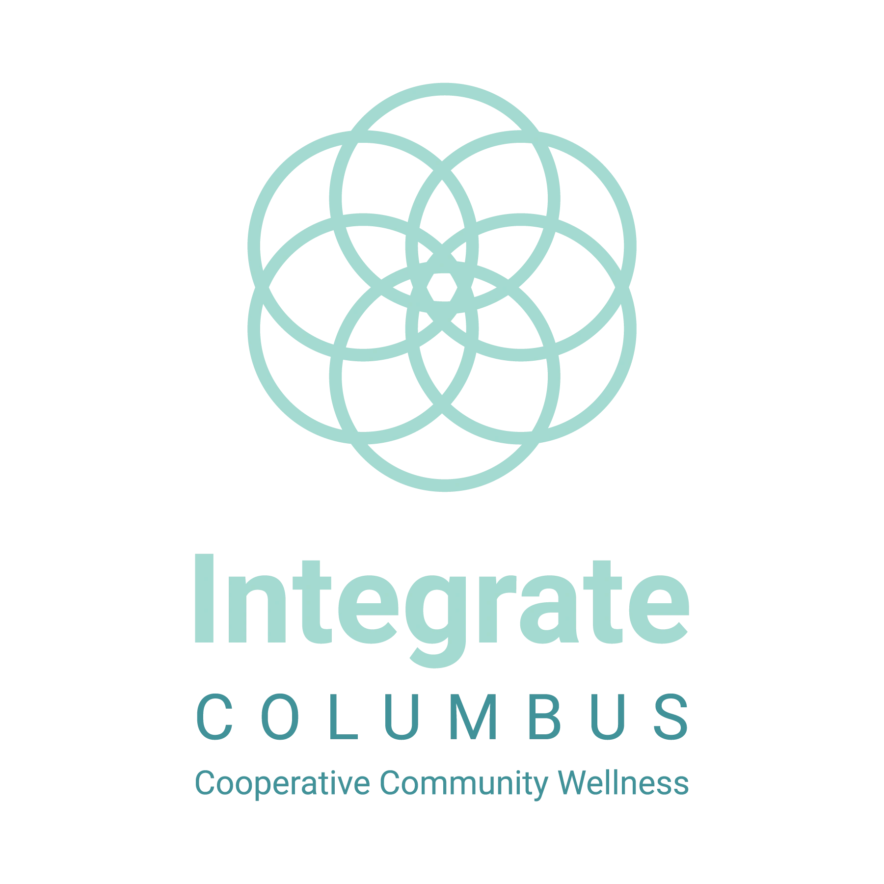 Six interlinked ring above text reading: Integrate Columbus: Cooperative Community Wellness